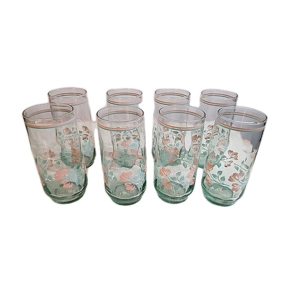 Vintage Libbey GreenTinted Glass w/PeachFlowers -Set of 8- 6in. Tall - Picture 1 of 4